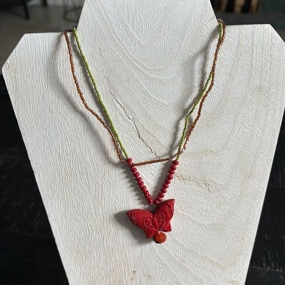 David Aubrey Coral Ted Butterfly Green Seed Bead Layered Necklace Luxury​​​​​ - Picture 4 of 9